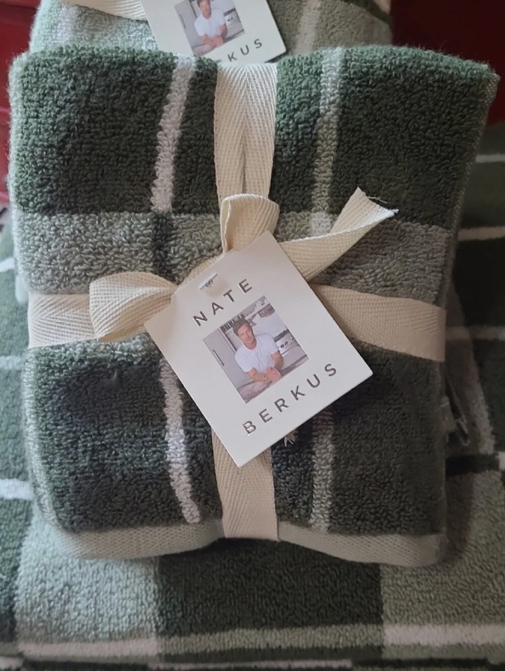 Nate Berkus Forest Green and White Plaid Towel Set